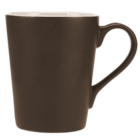 A brown ceramic mug with a curved handle. The mug has a smooth, matte finish and a slightly tapered shape, with the open top wider than the base. The interior appears white, contrasting with the dark exterior.