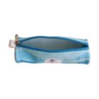 A blue zippered pencil case with a winter scene design, including snowflakes and trees, and a circular logo. The case is open, showing its empty, white interior.