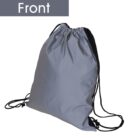 Gray drawstring backpack with black cords against a white background. The bag appears slightly cinched at the top, and the word Front is displayed in the upper left corner with a gray background.