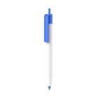 A white ballpoint pen with a blue clip and tip is isolated on a plain white background.