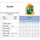 A size chart for a mens polyester sublimated training track jacket, style PCC050. Sizes range from S to 5XL with measurements for shoulder width, chest width, sleeve opening, sleeve length, bottom width, and total length.