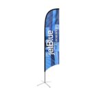 A blue teardrop banner with the text jetBlue Airways in white positioned on a metal stand. The background features lighter blue diagonal stripes.