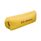 A yellow inflatable lounger with the brand name charry written in red letters on the side. The lounger is cylindrical and partially inflated, designed for outdoor relaxation.