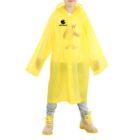 Child in a bright yellow raincoat and boots, standing on a white background.