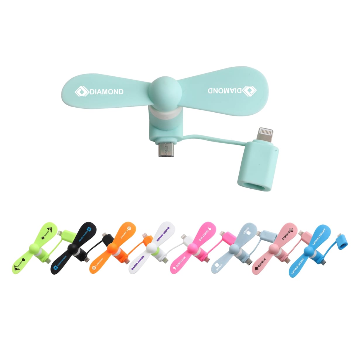 A collection of small plug-in fans with propeller blades and various colored bodies, including green, black, orange, white, pink, blue, and purple. Each fan features a different connector type for electronic devices.
