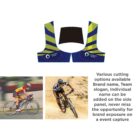 Two cyclists riding through different terrains are shown beneath a design for cycling apparel. Text highlights customization options for branding on the clothing.