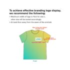 Diagram of a t-shirt showing recommended logo placement. Logo should be 11 cm wide for size L, scaled for other sizes. Positioned 18 cm below the highest shoulder point and at least 6 cm from the armhole seam.