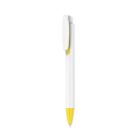 A white ballpoint pen with a yellow tip and a white clip, isolated on a white background.