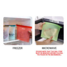 Two images show silicone bags. The left image has a red bag in a freezer with frozen contents. The right image shows a green bag in a microwave. A note reads, Please note that the seal strip must be removed before placing the pouch in the microwave.