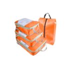 Four orange packing cubes with light gray zippers and handles, including a zippered cube standing upright. The cubes are neatly stacked and have mesh tops for visibility.