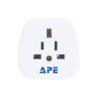 White electrical adapter with three rectangular holes and one round hole. The letters APE are printed in blue below the holes.