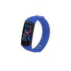 A blue fitness tracker with a color display showing the time as 17:14, date as December 7th, and day as Monday. The screen also displays a weather icon with a temperature of 28°C and various activity symbols.