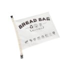 A reusable bread bag with a beige strap and clasp. The bag has the words Bread Bag and Reusable printed on it, along with icons indicating it is eco-friendly, washable, and suitable for storing various baked goods.