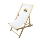 Wooden deck chair with a white fabric seat. The fabric features a logo with AFRC in black letters and a yellow semi-circle design above it. The chair is angled, showing its foldable structure.