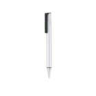 A silver ballpoint pen with a black clip is centered against a white background.