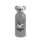 A gray water bottle with a cartoon koala on the body wearing a chef outfit. The bottles cap is shaped like a koalas head. The word KOALA appears below the cartoon.