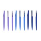 A row of nine pens in varying shades of blue and purple. Each pen has a sleek design with a metallic clip on the side. The colors progress from light purple on the left to dark blue on the right.