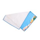 A triangular pet bandana with a blue edge, featuring a colorful design on one side and plain white on the back. The design includes abstract shapes in various colors like blue, orange, and green.