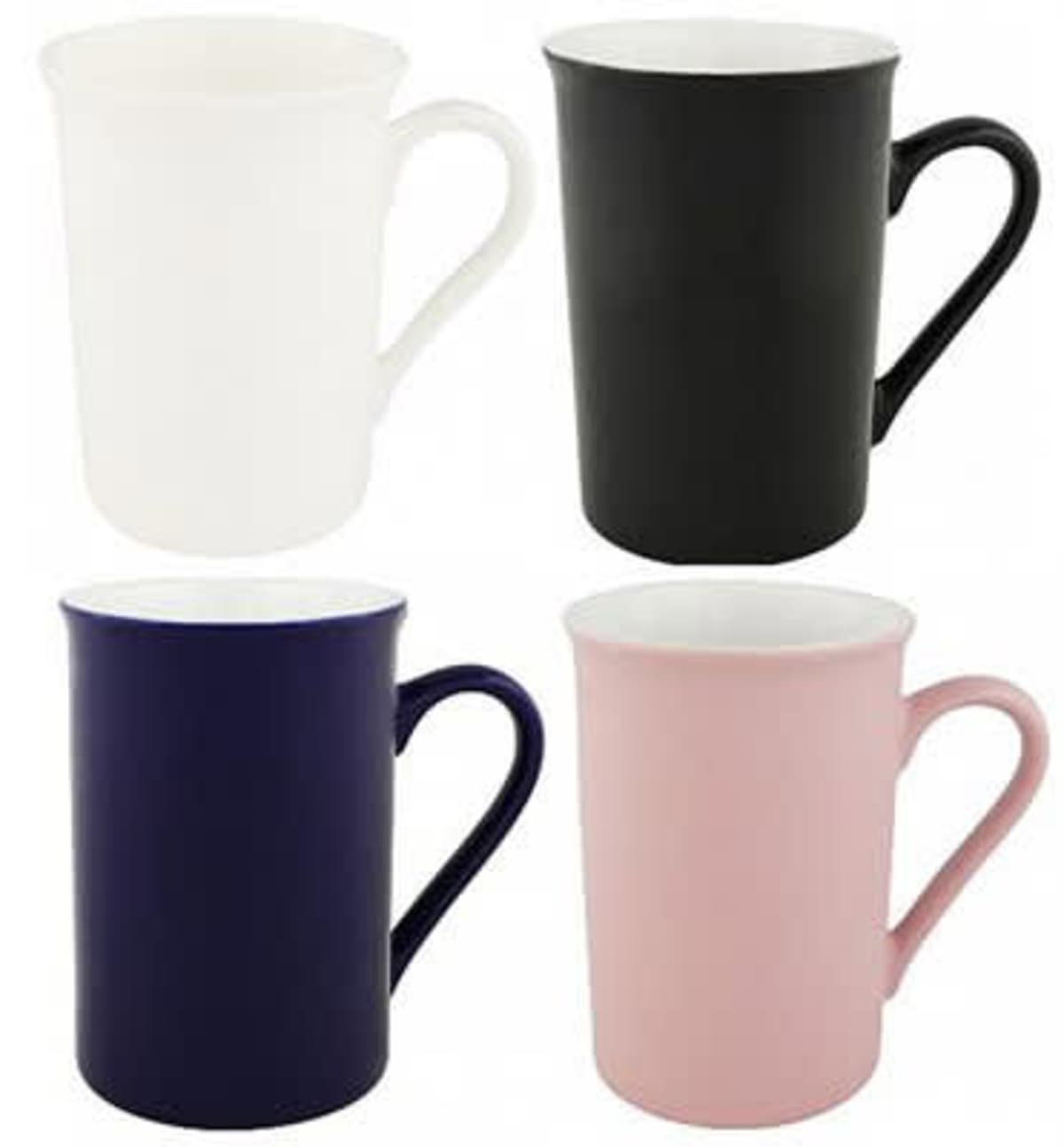 Four mugs with handles are displayed, each in a different color: white, black, dark blue, and pink. They are arranged in a two-by-two grid.