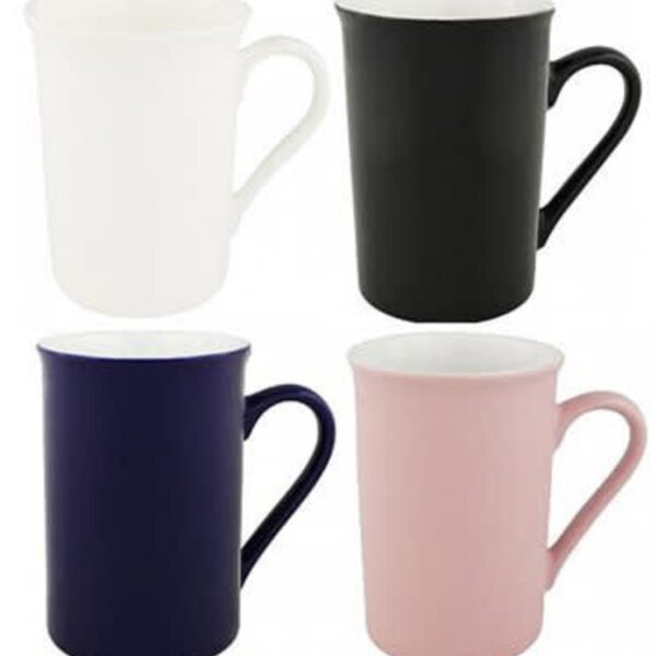 Four mugs are shown, each a different solid color: white, black, navy blue, and pink. They have a simple design with a straight shape and a handle.
