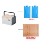 A white ice box with a black handle and detachable wooden lid. Two blue ice packs labeled GiNT are shown as fitting inside. The wooden lid features two cup holder cutouts. Labels indicate the parts: Ice Box and Detachable Wooden Lid.
