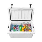 An open white cooler filled with ice, various drinks, apples, oranges, and a basket of granola bars.
