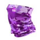 A purple camouflage neck gaiter with shades of violet, lilac, and white. The top left corner features a small circular emblem with the letters GØ in white against a magenta background.
