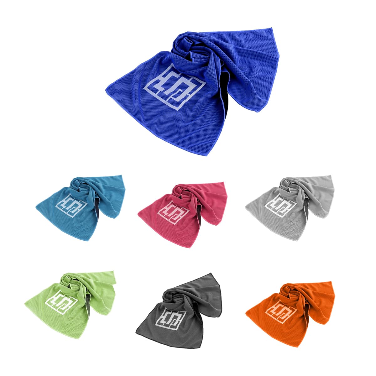 Seven colorful microfiber towels are displayed. Each towel is folded with a logo in the center and comes in blue, teal, pink, gray, green, black, and orange.