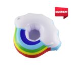Inflatable drink holder with a cloud and rainbow design. The rainbow has red, orange, yellow, green, and blue stripes. Theres a custom label in the top right corner.