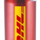 A red metallic water bottle with a black cap and silver carabiner attached. It features a yellow DHL logo on the front.