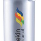 A silver water bottle with a black cap and attached carabiner. The bottle features a colorful flame-like logo and the text Burdekin Shire Council.