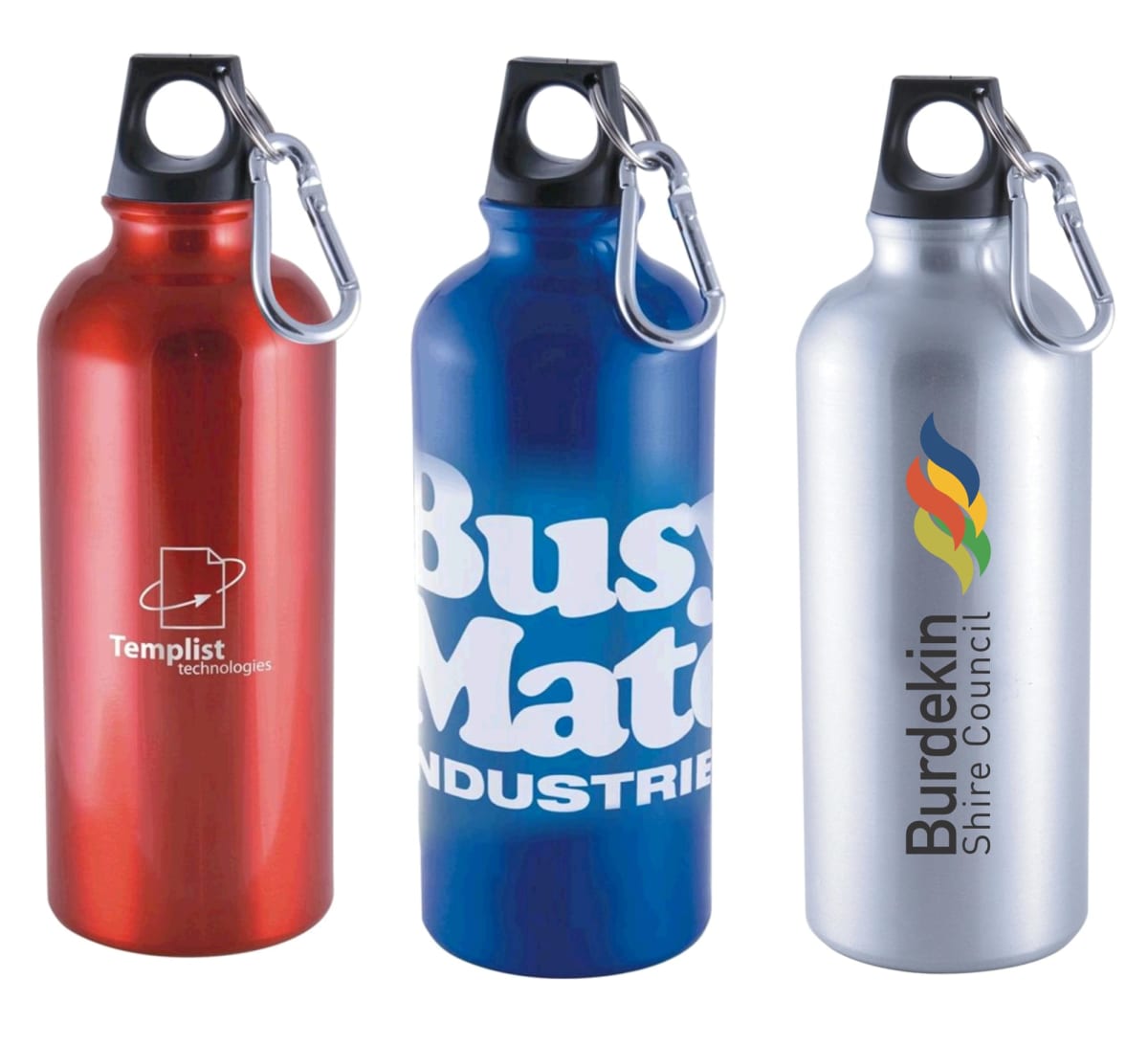 Three metal water bottles with carabiner clips. The first is red with a Templist technologies logo, the second is blue with Busy Mate Industries text, and the third is silver featuring the Burdekin Shire Council emblem with colorful flame design.
