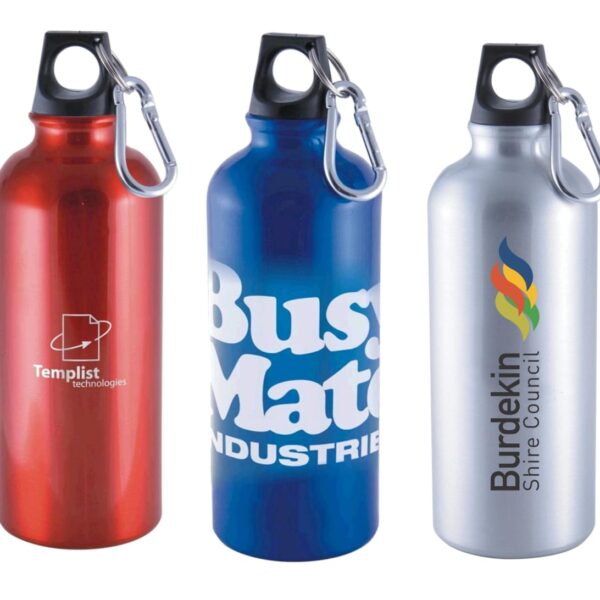 Three aluminum water bottles with carabiners. The red bottle displays Templist technologies, the blue bottle says Busy Mate Industries, and the silver bottle features the Burdekin Shire Council logo with a colorful flame design.
