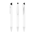 Three white pens with black accents and silver tips are shown. The pens have clip designs and retractable mechanisms. They are displayed from different angles: front, back, and side. The background is plain white.