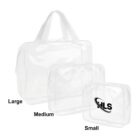 Three clear zippered bags in large, medium, and small sizes with white handles and trim.