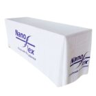 White table covered with a branded cloth displaying the text Nano flex Electrode Excellence in blue. The cloth is neatly draped over the table, showing the logo and text on the side.