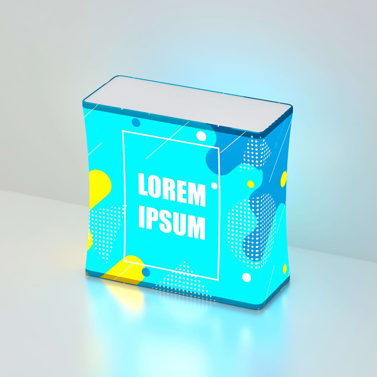 A blue and white box with abstract yellow and white designs on a white surface. The text Lorem Ipsum is centered in the middle of the box. The box emits a subtle glow, creating a soft ambient light.
