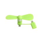 A small lime green portable fan with two blades and a connector attachment for mobile devices, designed for cooling.