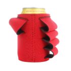 A yellow can of Crystal Spring Peach Tea is wrapped in a red, ruffled fabric can holder. The holder features accordion-style pleats and black edging, providing a decorative and whimsical appearance.