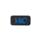 A small rectangular black webcam cover with a sliding mechanism, featuring a blue logo with the letters HIC intertwined with a curved line.