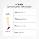 Diagram showing details of PCH554 low-cut custom pattern socks. Features include size Adult 7-12, regular thickness, casual use, and regular base. Style illustration depicts a low-cut sock.