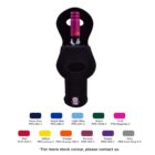 A black wine bottle holder with a pink top is shown surrounded by color swatches. The swatches include navy blue, royal blue, light blue, green, pink, red, yellow, orange, maroon, purple, and grey, each with corresponding PMS codes.