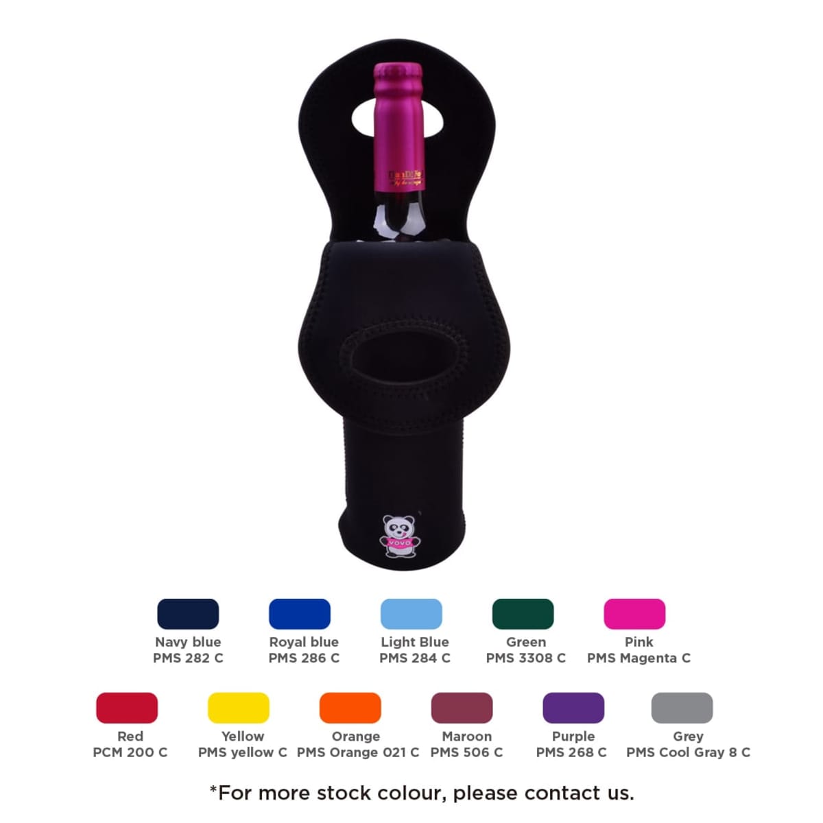 A black wine bottle holder with a pink top is shown surrounded by color swatches. The swatches include navy blue, royal blue, light blue, green, pink, red, yellow, orange, maroon, purple, and grey, each with corresponding PMS codes.