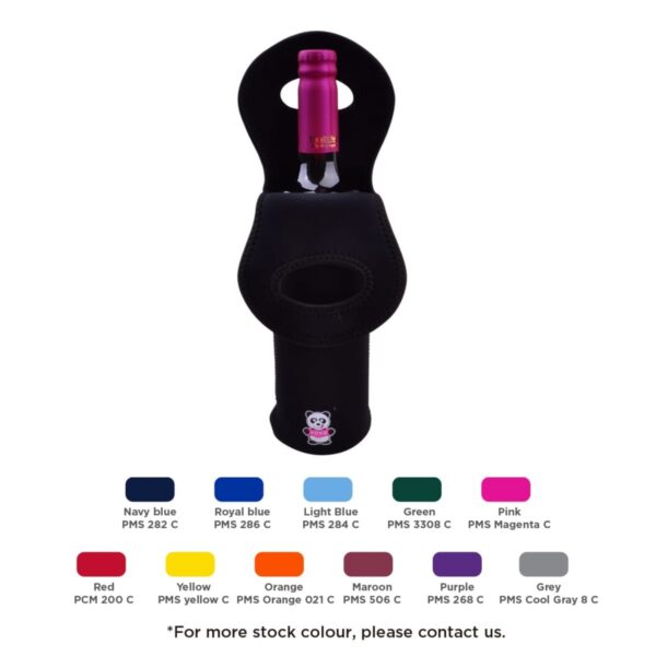 Bottle of wine in a black neoprene holder with a handle. Below are color options: Navy Blue, Royal Blue, Light Blue, Green, Pink, Red, Yellow, Orange, Maroon, Purple, Grey. Text at bottom: For more stock colour, please contact us.