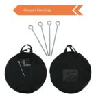 Two black circular carry bags with handles and pockets. Five metal pegs with looped ends are shown. An orange arrow-shaped banner reads Compact Carry Bag.