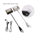 Two LED arm lights, one black and one silver, with attached power cords are shown. A close-up inset highlights the clear clip attachment on the light. Text above reads Optional 20W LED Arm Light.