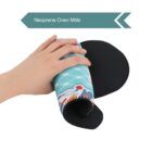 A hand is inserting into a colorful, patterned neoprene oven mitt with a black grip surface. An arrow points right above the mitt, labeled Neoprene Oven Mitts on a teal banner.