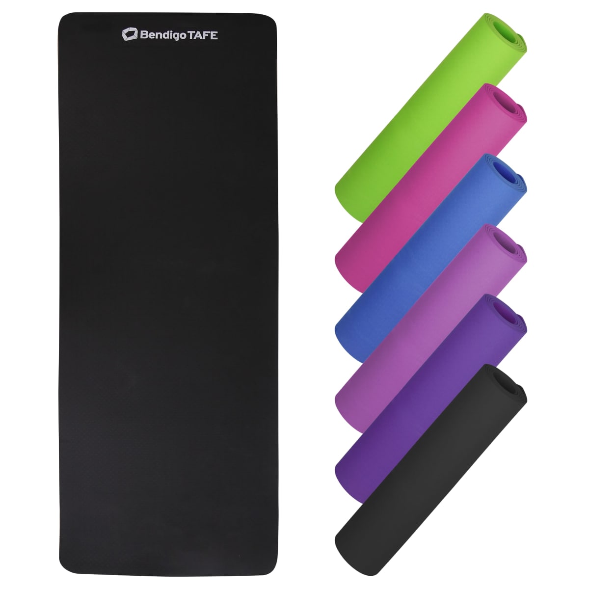 A black exercise mat branded Bendigo TAFE is on the left. To the right, six colorful rolled-up mats are displayed in a vertical line: green, pink, blue, purple, and black.