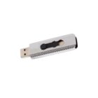A silver USB flash drive with a textured grip. The drive features a sliding mechanism with a black switch on top.