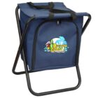 A blue folding chair with an attached storage bag featuring the Discovery Island Waterpark logo, which includes a cartoon fish, palm tree, and water splashes. The chair has black metal legs and two carrying straps.